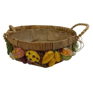 Vintage Woven Straw Basket Mushrooms Vegetable Fruit Raffia Philippines Boho